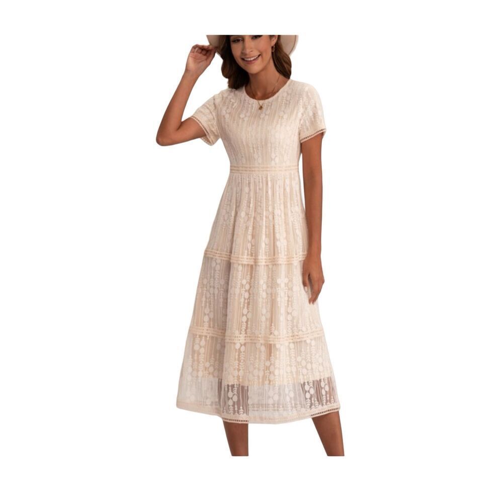 Lace Short Sleeve Round Neck Midi Dress With Zipper Back  Size small